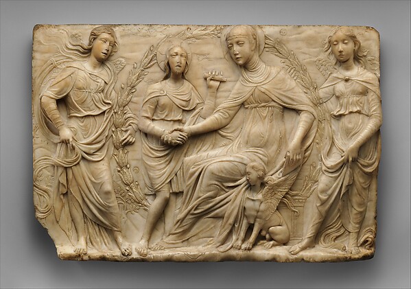 Marble relief of Saint Bridget of Sweden receiving the rule of her order, attended by an angel